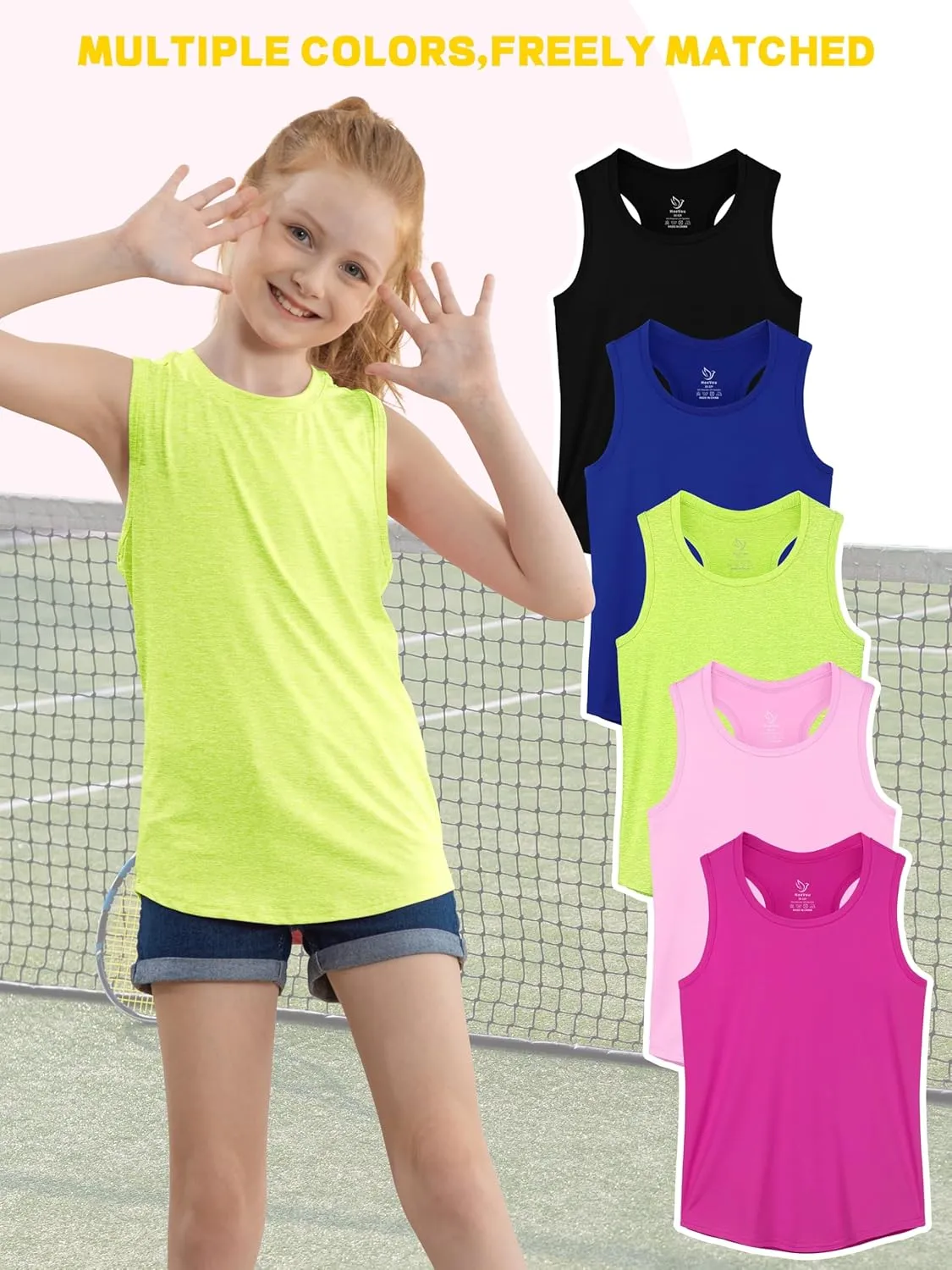 5 Pack Girls Tank Tops Dry-Fit Athletic Tank Tops for Girls Undershirts Teen Dance Performance Activewear