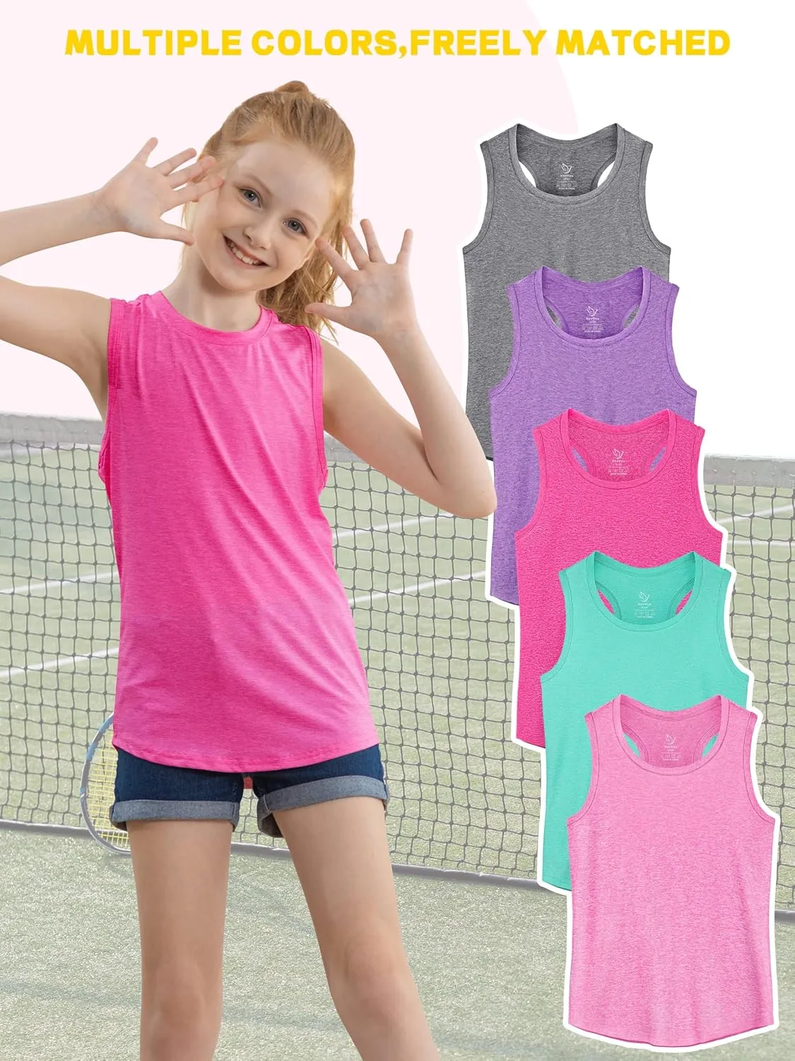 5 Pack Girls Tank Tops Dry-Fit Athletic Tank Tops for Girls Undershirts Teen Dance Performance Activewear