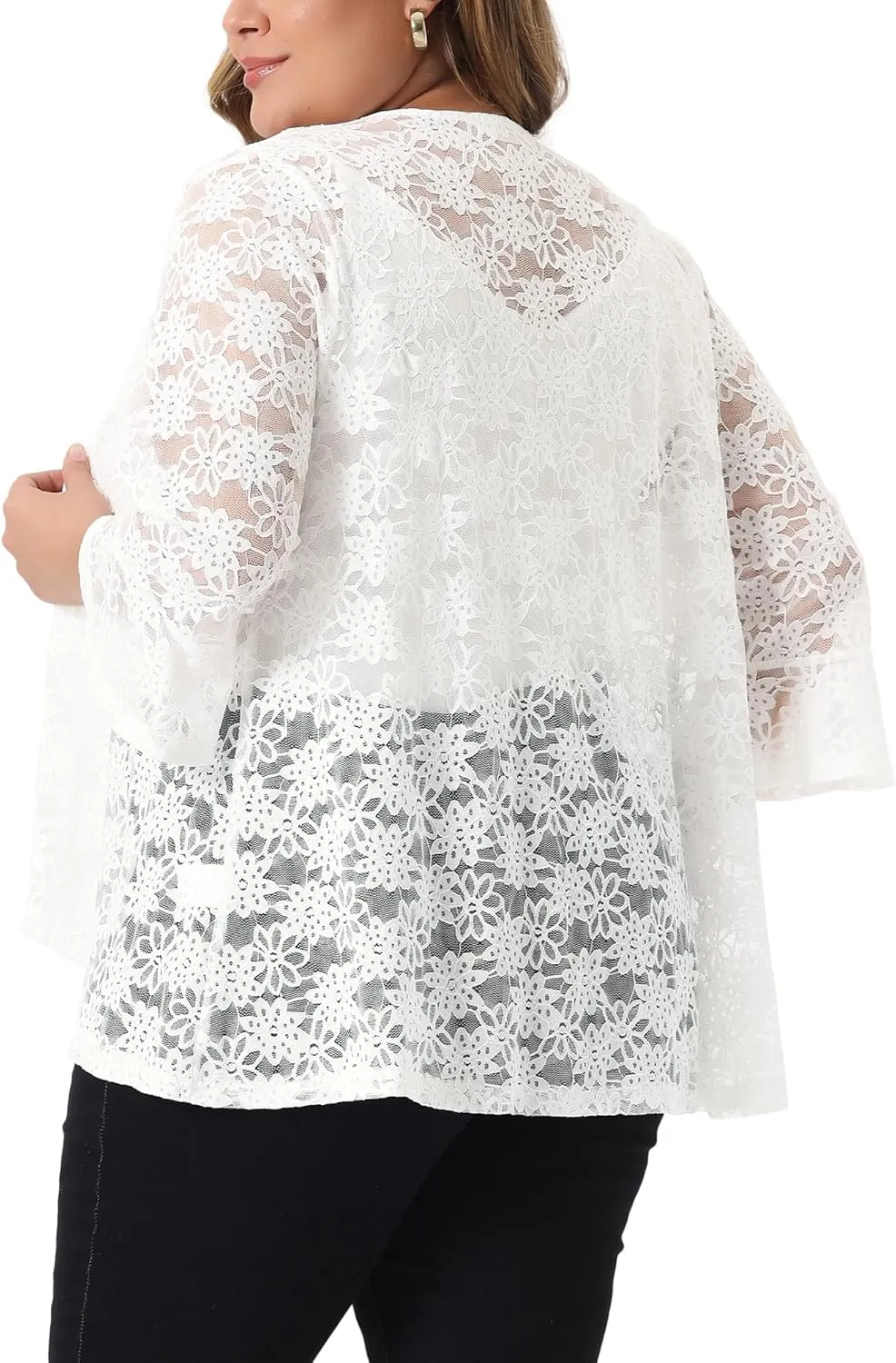 Agnes Orinda Plus Size Cardigans for Women Open Front 3/4 Bell Sleeve Sheer Lightweight Lace Cover Up