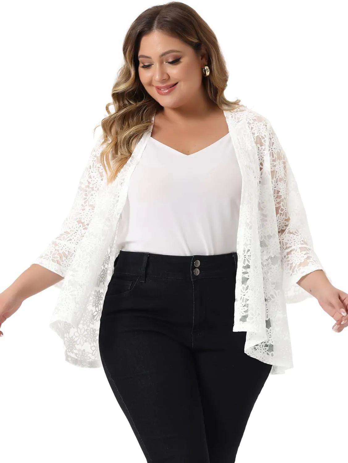 Agnes Orinda Plus Size Cardigans for Women Open Front 3/4 Bell Sleeve Sheer Lightweight Lace Cover Up