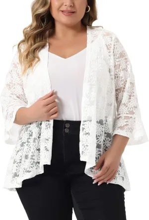 Agnes Orinda Plus Size Cardigans for Women Open Front 3/4 Bell Sleeve Sheer Lightweight Lace Cover Up
