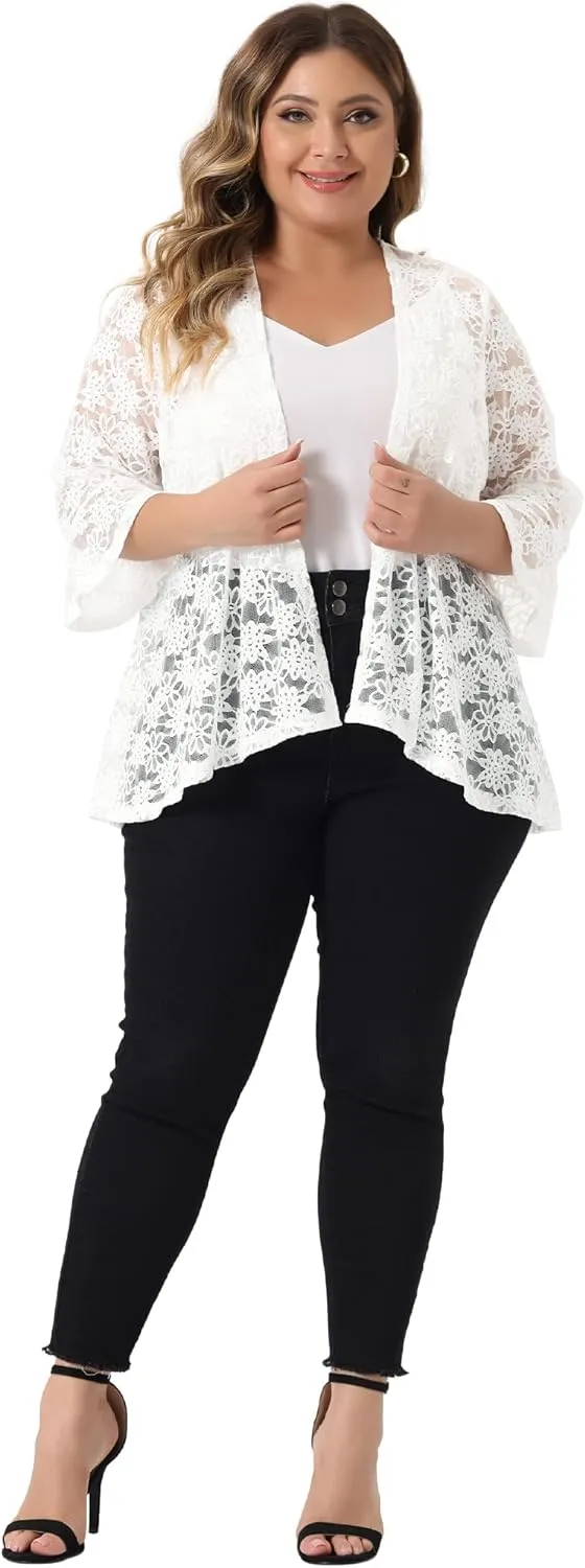 Agnes Orinda Plus Size Cardigans for Women Open Front 3/4 Bell Sleeve Sheer Lightweight Lace Cover Up