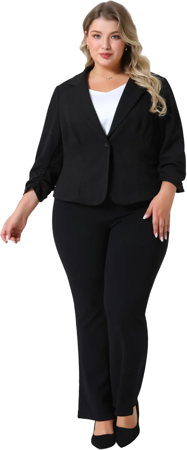 Agnes Orinda Plus Size Casual Blazers for Women 3/4 Ruched Sleeve Notch Lapel Work Office Lightweight Crop Suit Blazer