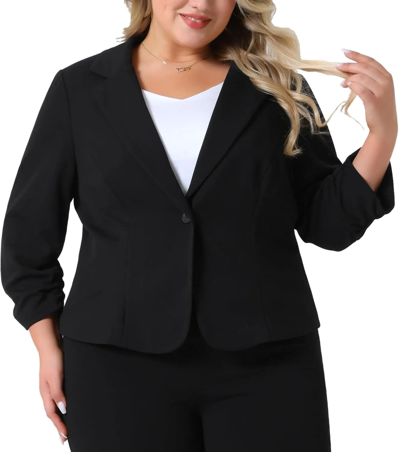 Agnes Orinda Plus Size Casual Blazers for Women 3/4 Ruched Sleeve Notch Lapel Work Office Lightweight Crop Suit Blazer
