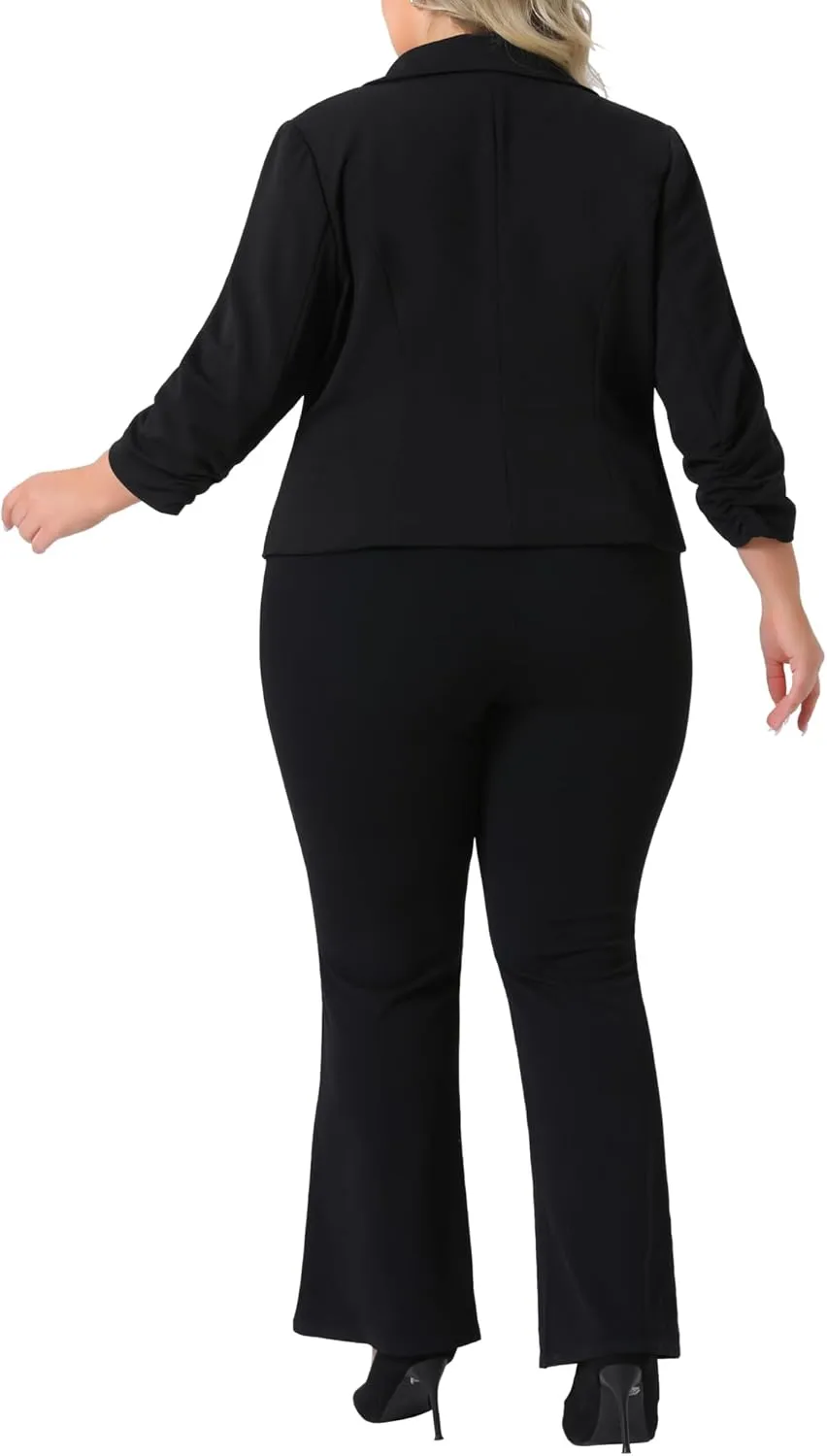 Agnes Orinda Plus Size Casual Blazers for Women 3/4 Ruched Sleeve Notch Lapel Work Office Lightweight Crop Suit Blazer