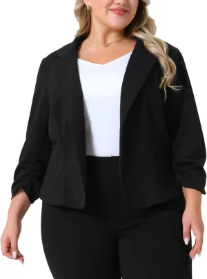 Agnes Orinda Plus Size Casual Blazers for Women 3/4 Ruched Sleeve Notch Lapel Work Office Lightweight Crop Suit Blazer