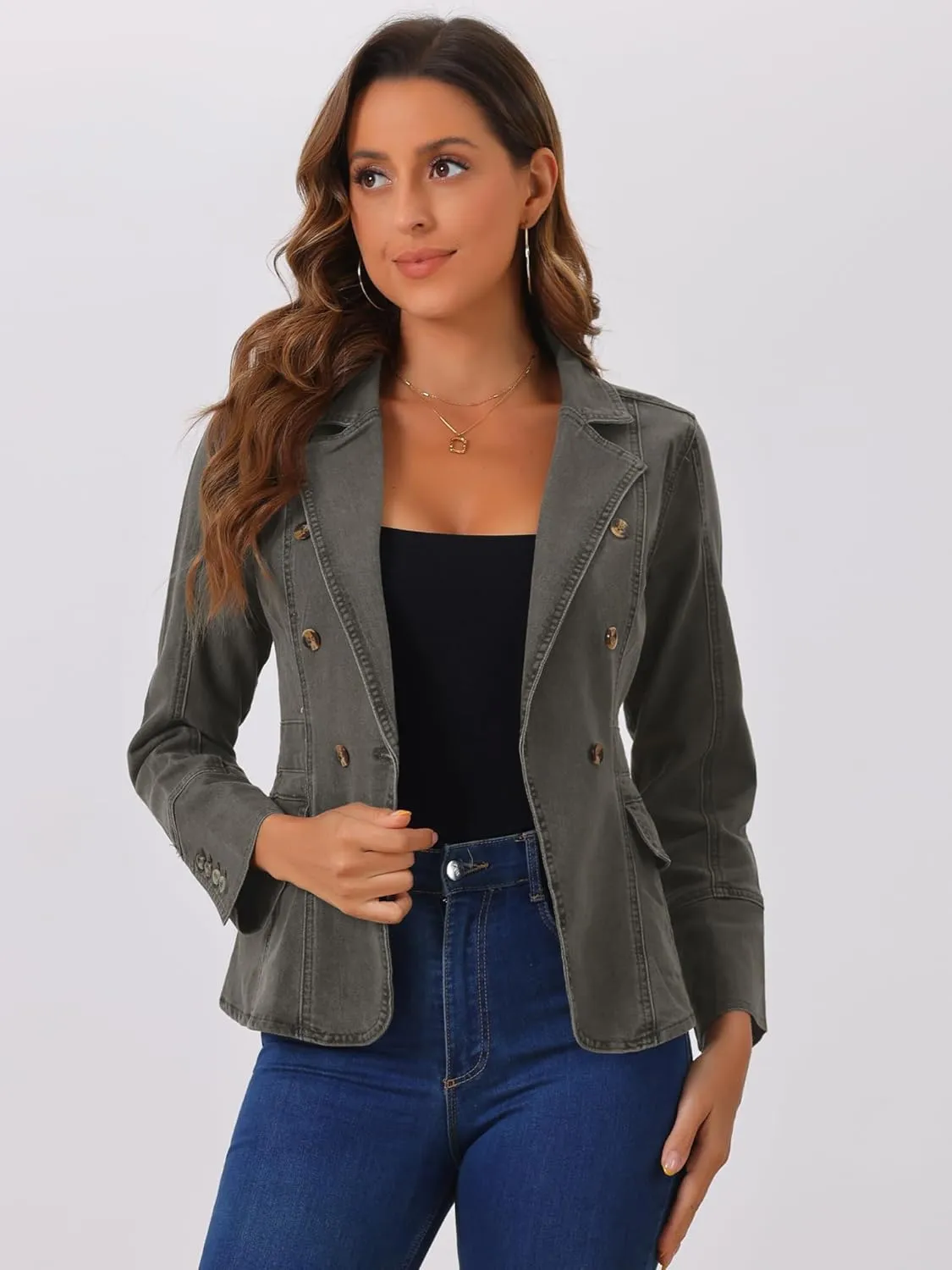 Allegra K Women's Jean Jacket Button Down Notched Lapel Long Sleeve Work Office Denim Blazer Jacket