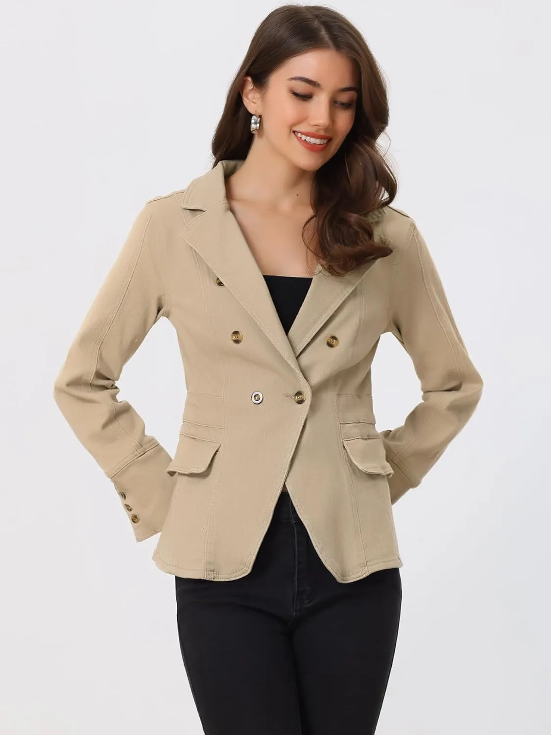 Allegra K Women's Jean Jacket Button Down Notched Lapel Long Sleeve Work Office Denim Blazer Jacket