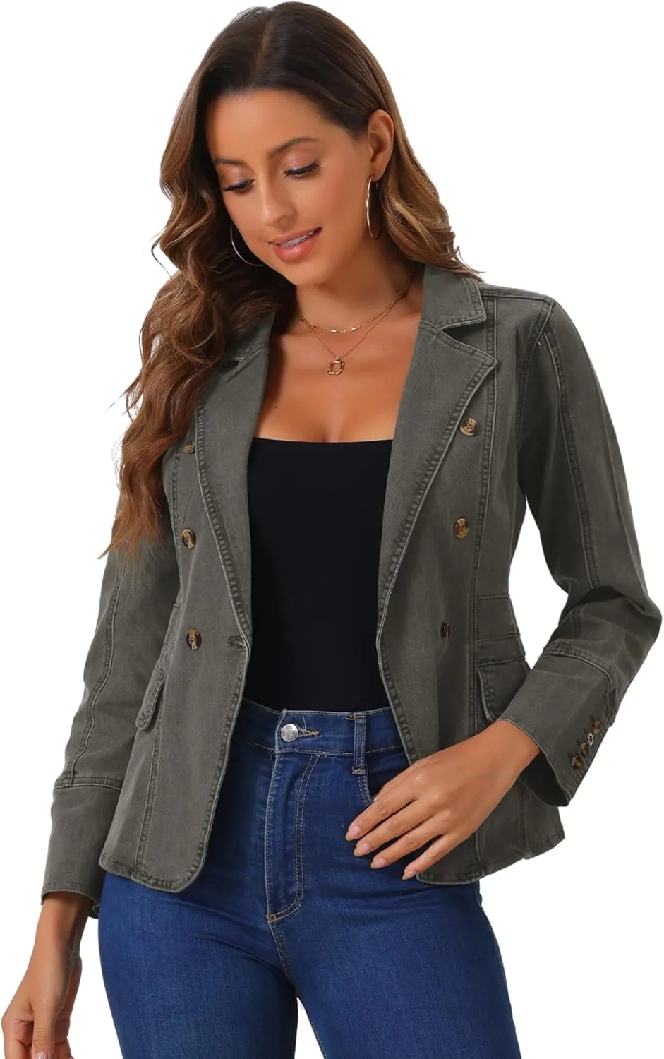 Allegra K Women's Jean Jacket Button Down Notched Lapel Long Sleeve Work Office Denim Blazer Jacket
