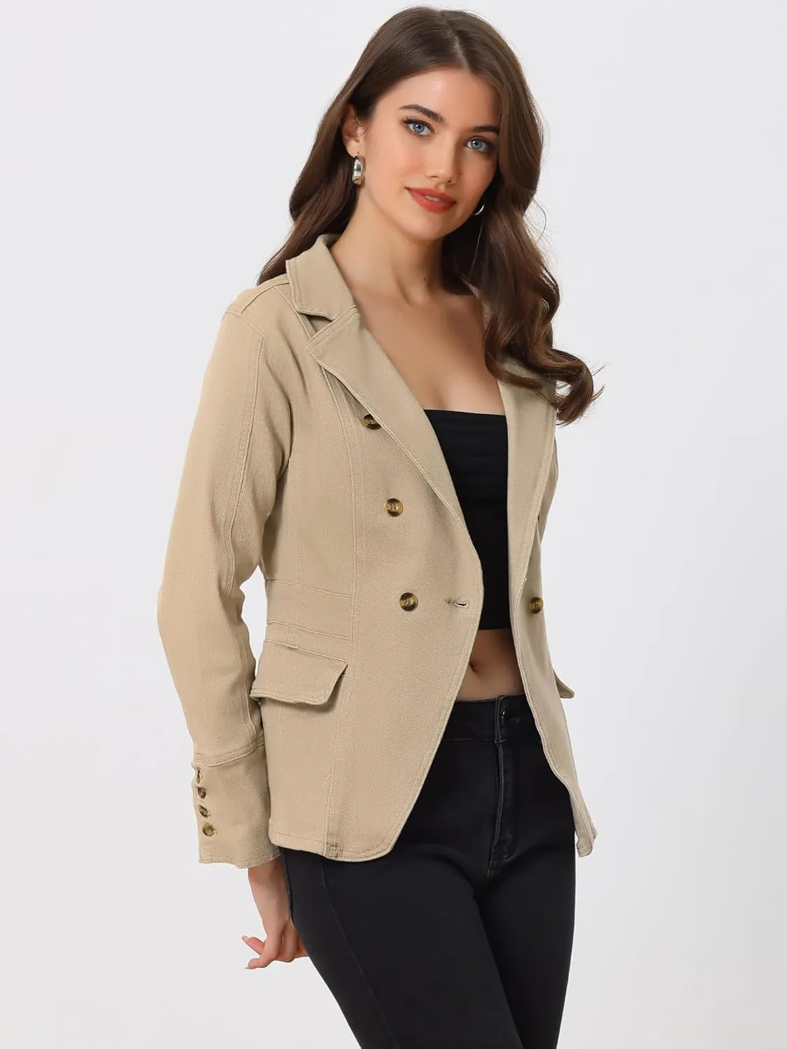 Allegra K Women's Jean Jacket Button Down Notched Lapel Long Sleeve Work Office Denim Blazer Jacket