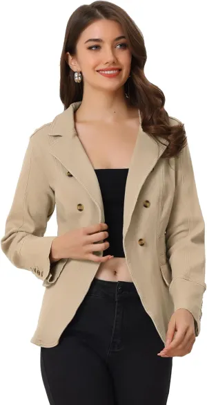 Allegra K Women's Jean Jacket Button Down Notched Lapel Long Sleeve Work Office Denim Blazer Jacket