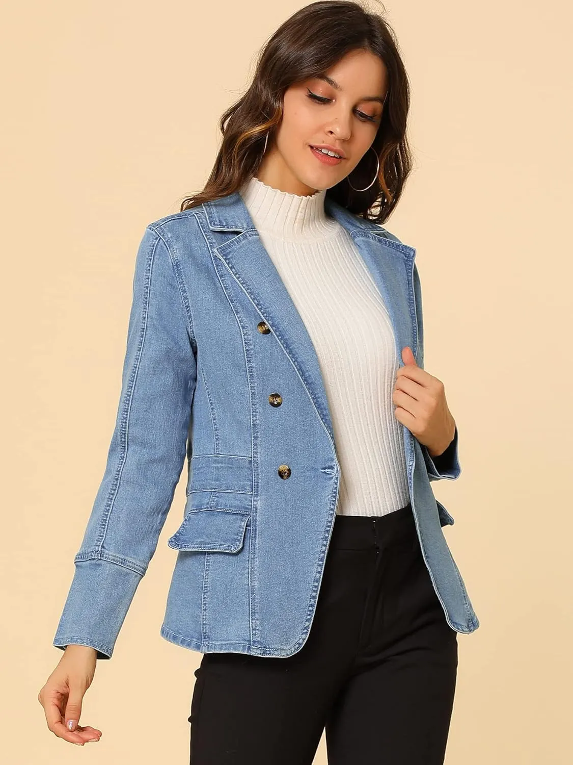 Allegra K Women's Jean Jacket Button Down Notched Lapel Long Sleeve Work Office Denim Blazer Jacket