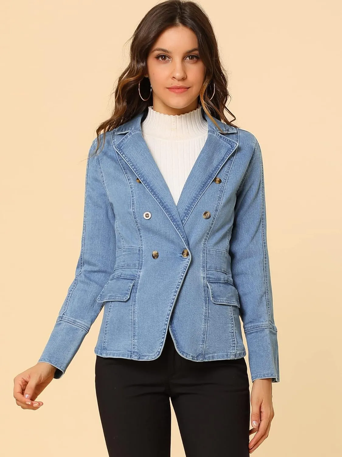 Allegra K Women's Jean Jacket Button Down Notched Lapel Long Sleeve Work Office Denim Blazer Jacket