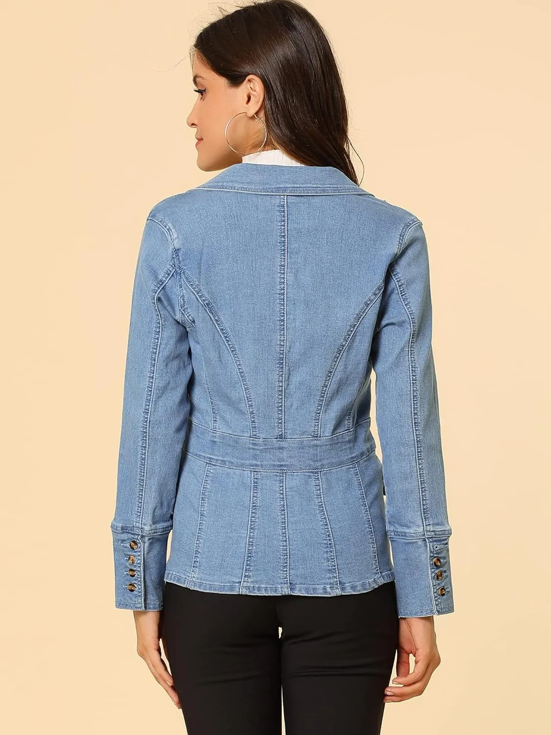Allegra K Women's Jean Jacket Button Down Notched Lapel Long Sleeve Work Office Denim Blazer Jacket