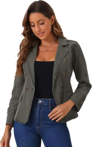 Allegra K Women's Jean Jacket Button Down Notched Lapel Long Sleeve Work Office Denim Blazer Jacket
