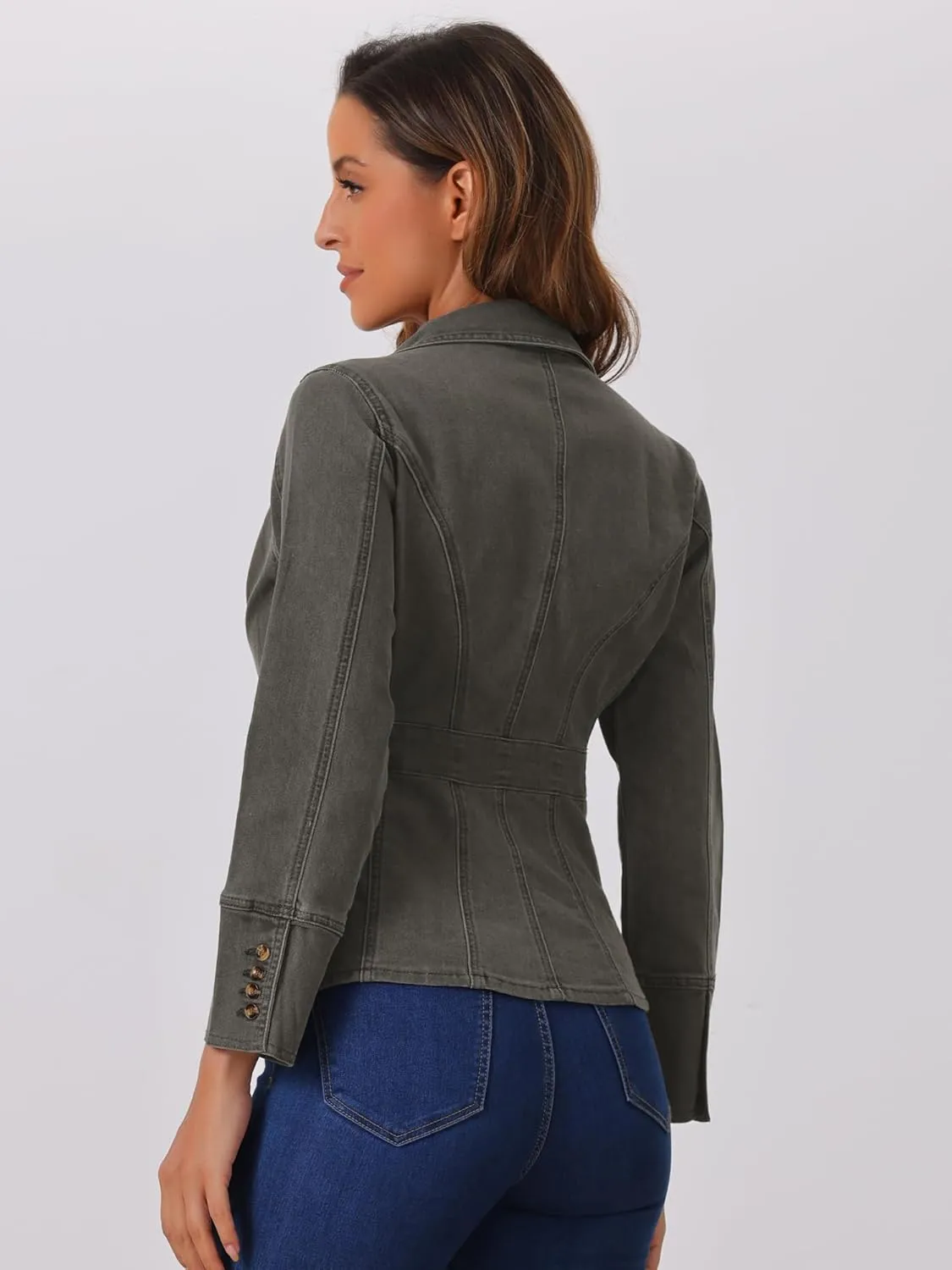 Allegra K Women's Jean Jacket Button Down Notched Lapel Long Sleeve Work Office Denim Blazer Jacket