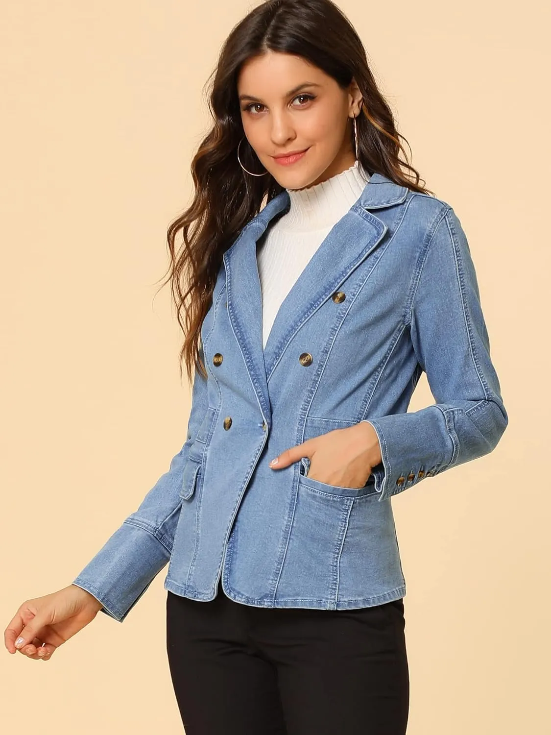Allegra K Women's Jean Jacket Button Down Notched Lapel Long Sleeve Work Office Denim Blazer Jacket