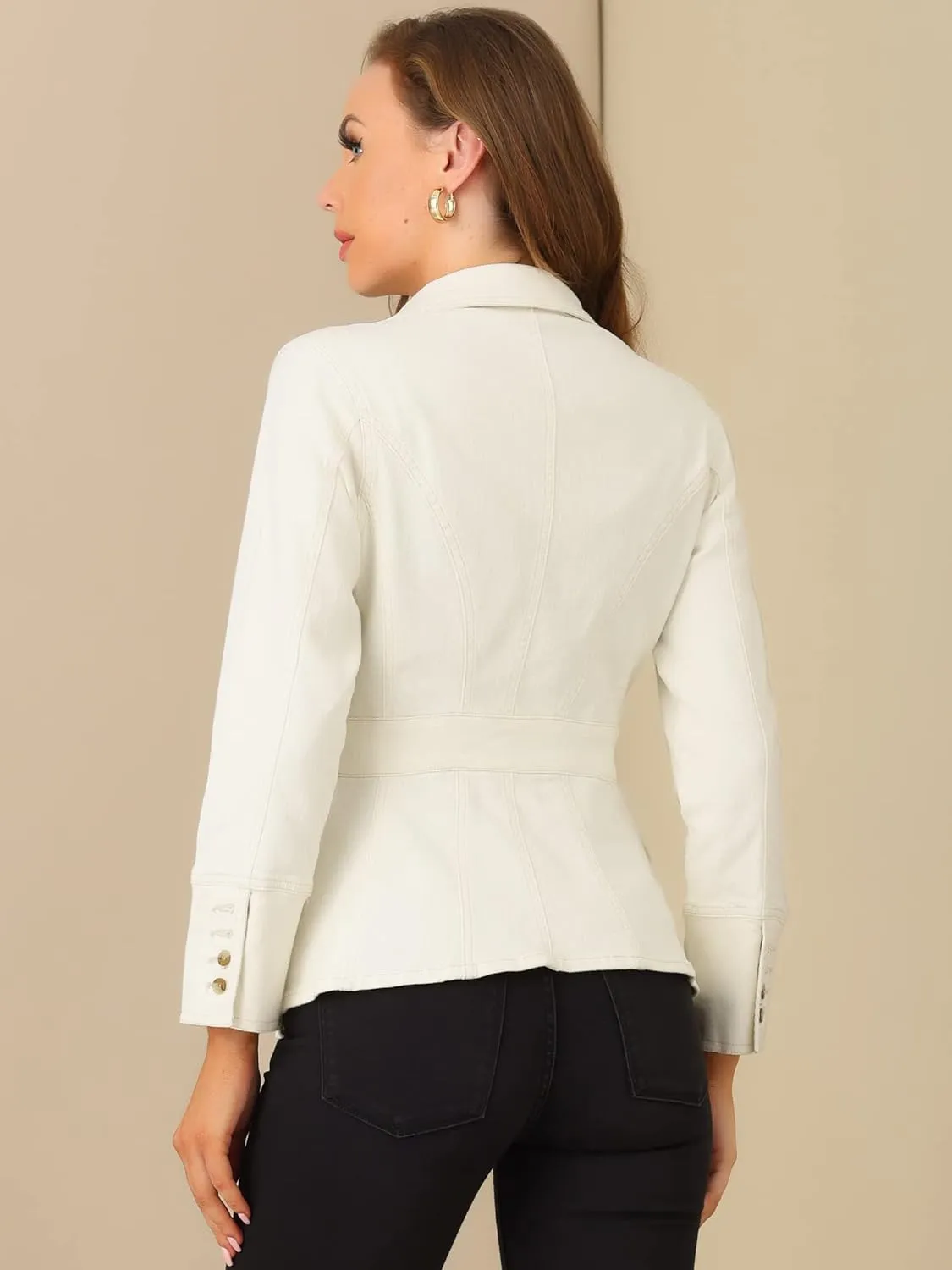 Allegra K Women's Jean Jacket Button Down Notched Lapel Long Sleeve Work Office Denim Blazer Jacket