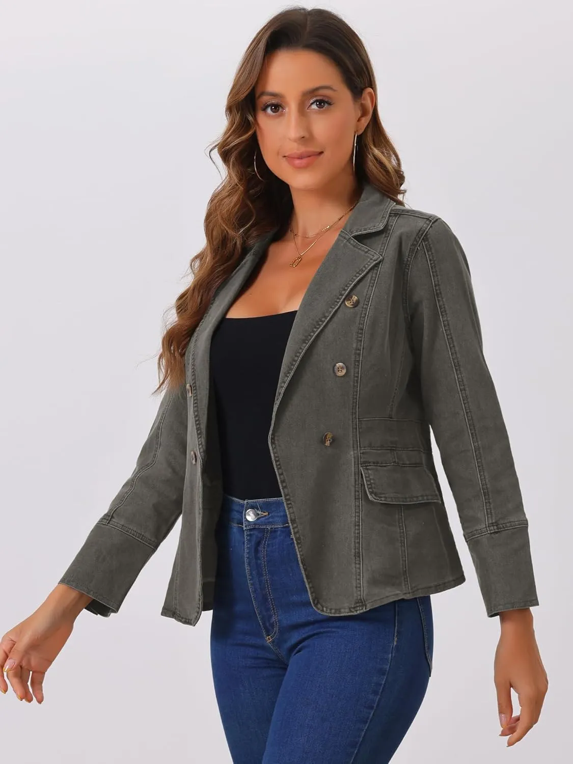 Allegra K Women's Jean Jacket Button Down Notched Lapel Long Sleeve Work Office Denim Blazer Jacket