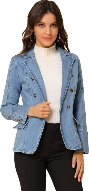 Allegra K Women's Jean Jacket Button Down Notched Lapel Long Sleeve Work Office Denim Blazer Jacket