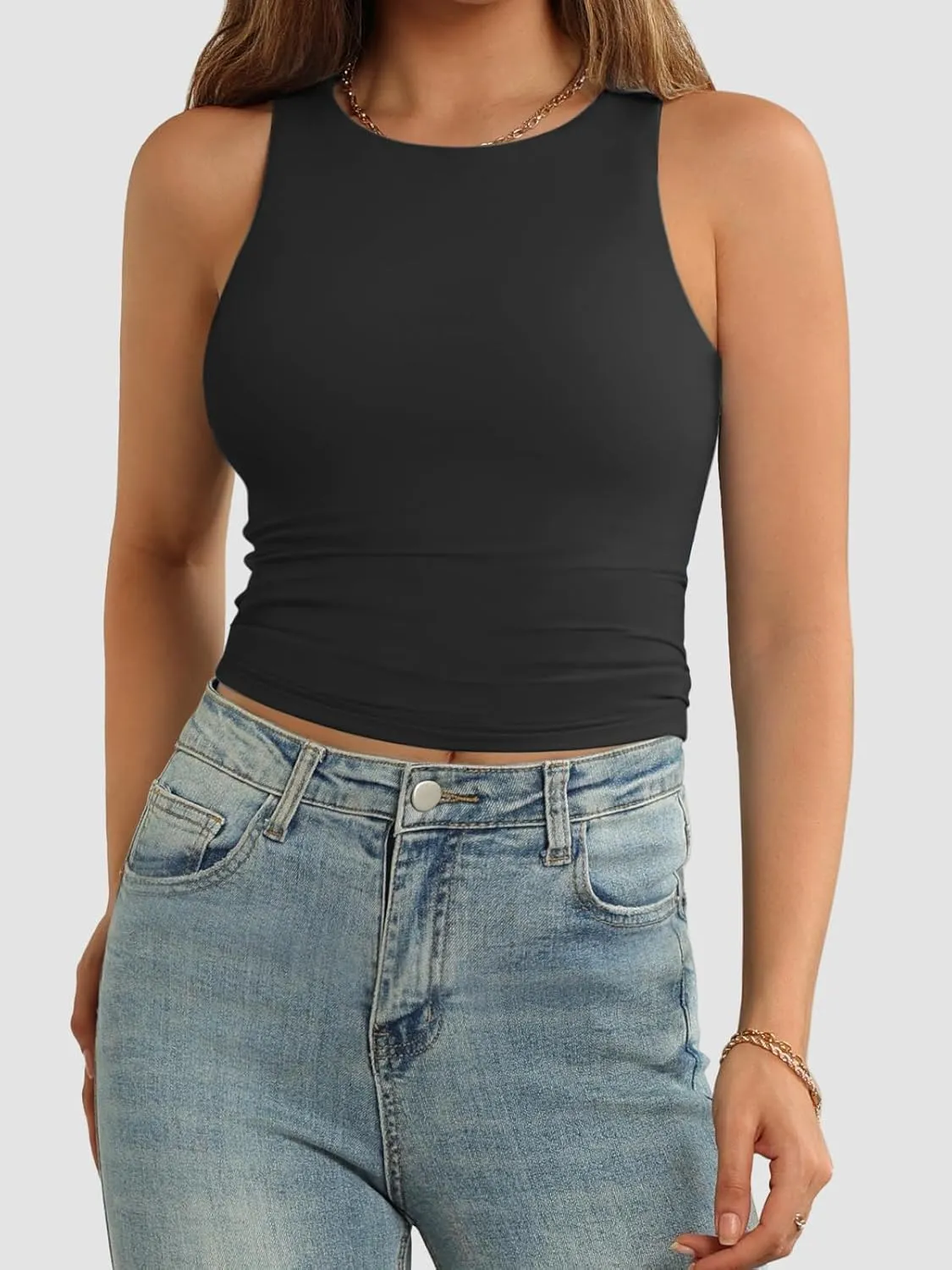 ATHMILE Womens Double Lined Crop Tank Tops Casual Basic Shirts Sleeveless Workout Tops Cute Summer Clothes Teen Girls