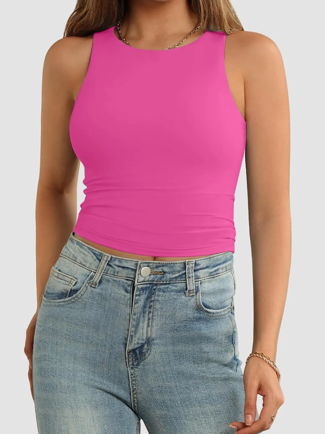 ATHMILE Womens Double Lined Crop Tank Tops Casual Basic Shirts Sleeveless Workout Tops Cute Summer Clothes Teen Girls