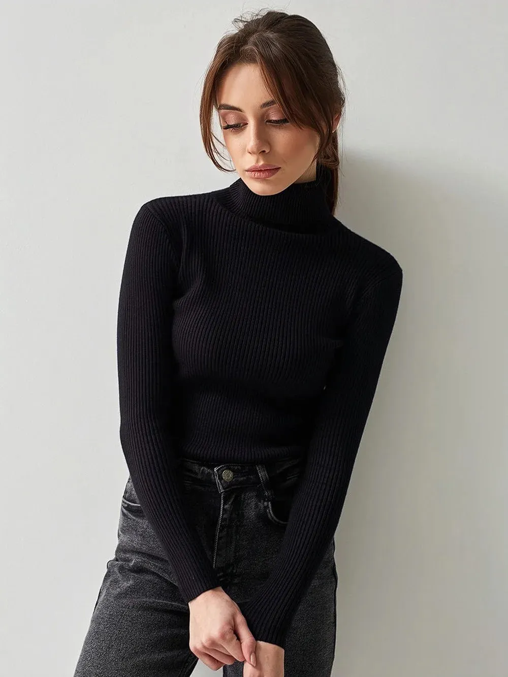 Basic Mock Neck Ribbed Sweaters for Women Cute Sexy Knitted Autumn Winter Warm Fitted Fashion Pullover Sweater