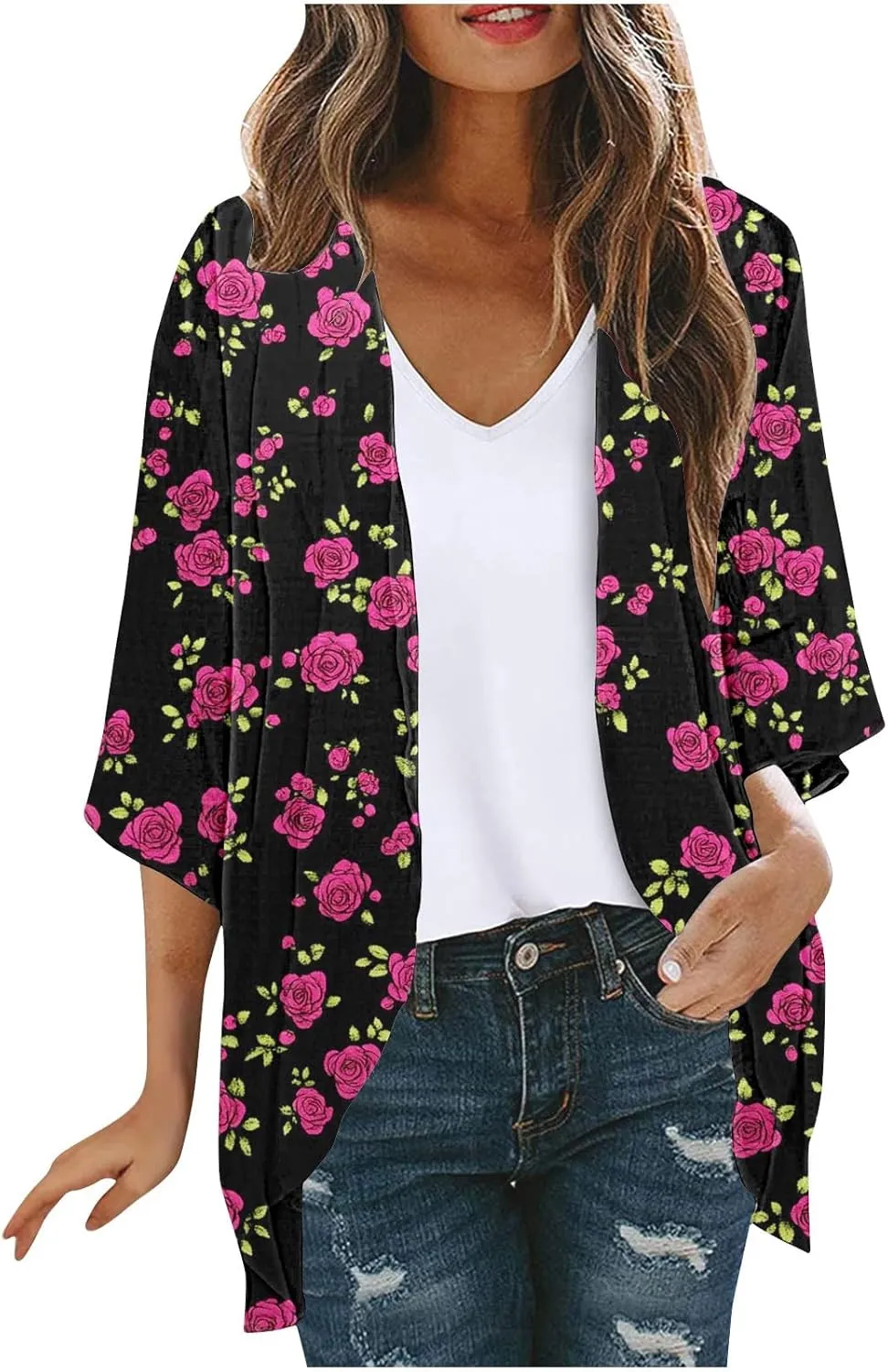 Beach Cover Ups for Women Summer Lightweight Floral Printed Chiffon Cardigan Dressy Casual Vacation Boho Blouses Tops