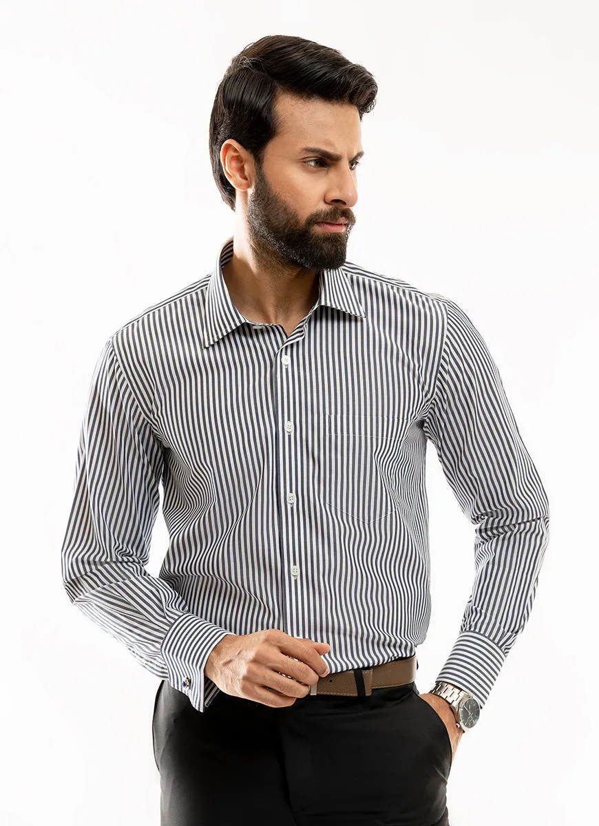 Classic Stripes-Charcoal Grey on White, Supernova Gold, Formal Shirt