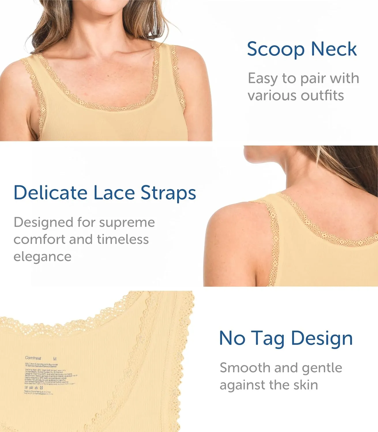 Comfneat Women's 3-Pack Sleepwear Lace Trim Tank Tops Stretchy Undershirts