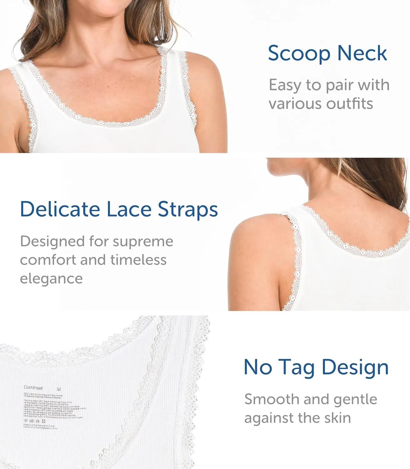 Comfneat Women's 3-Pack Sleepwear Lace Trim Tank Tops Stretchy Undershirts