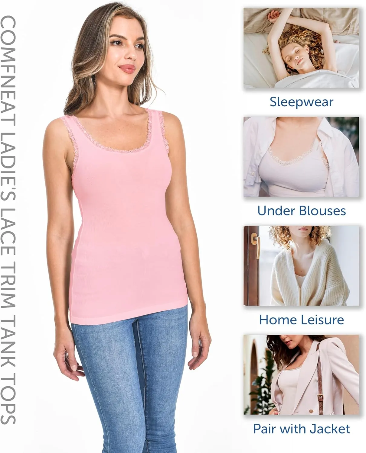 Comfneat Women's 3-Pack Sleepwear Lace Trim Tank Tops Stretchy Undershirts
