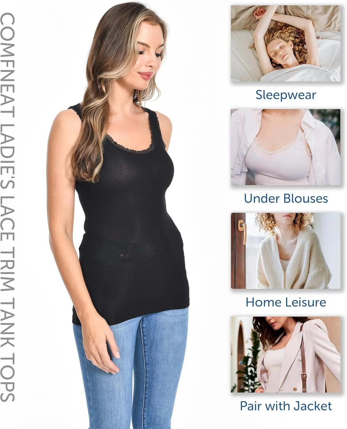 Comfneat Women's 3-Pack Sleepwear Lace Trim Tank Tops Stretchy Undershirts