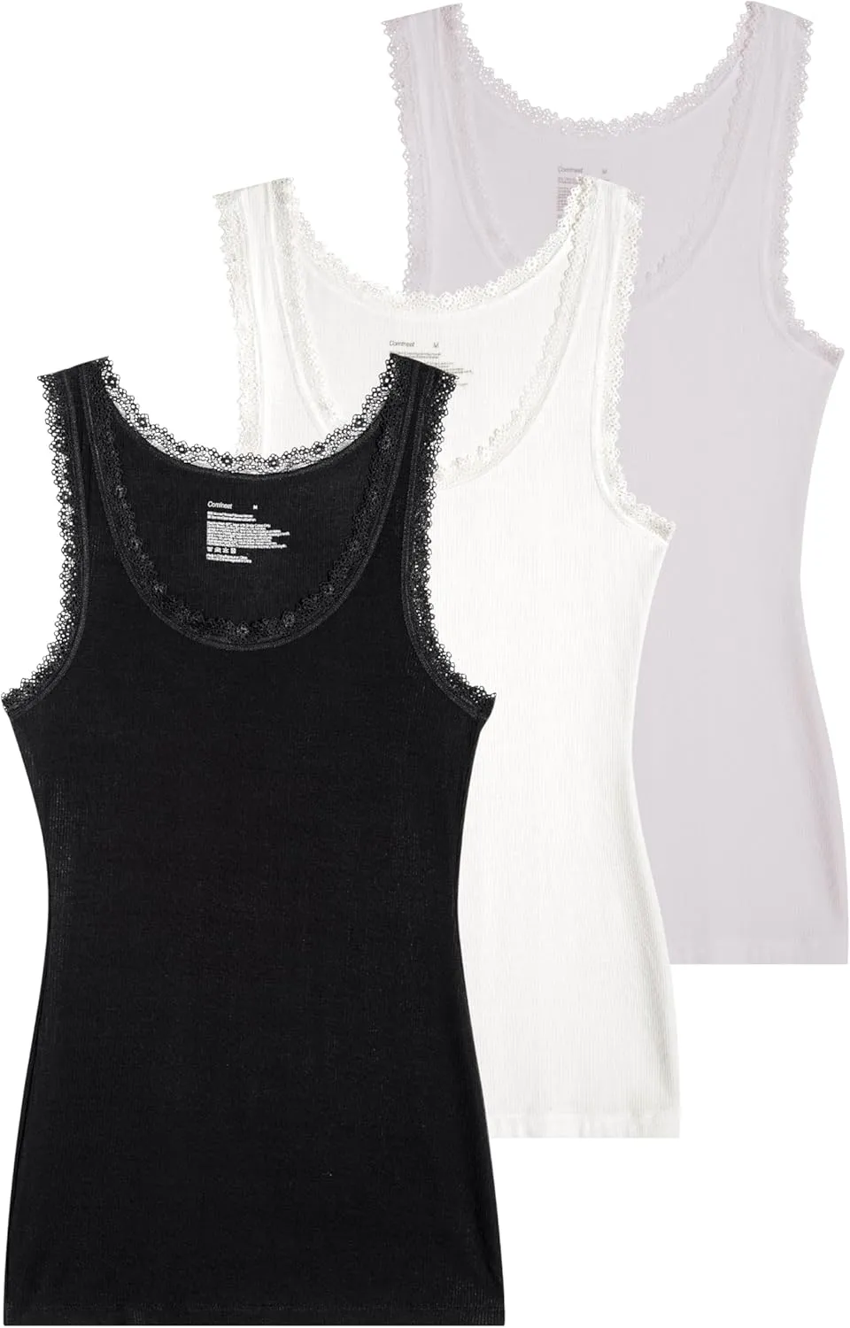 Comfneat Women's 3-Pack Sleepwear Lace Trim Tank Tops Stretchy Undershirts