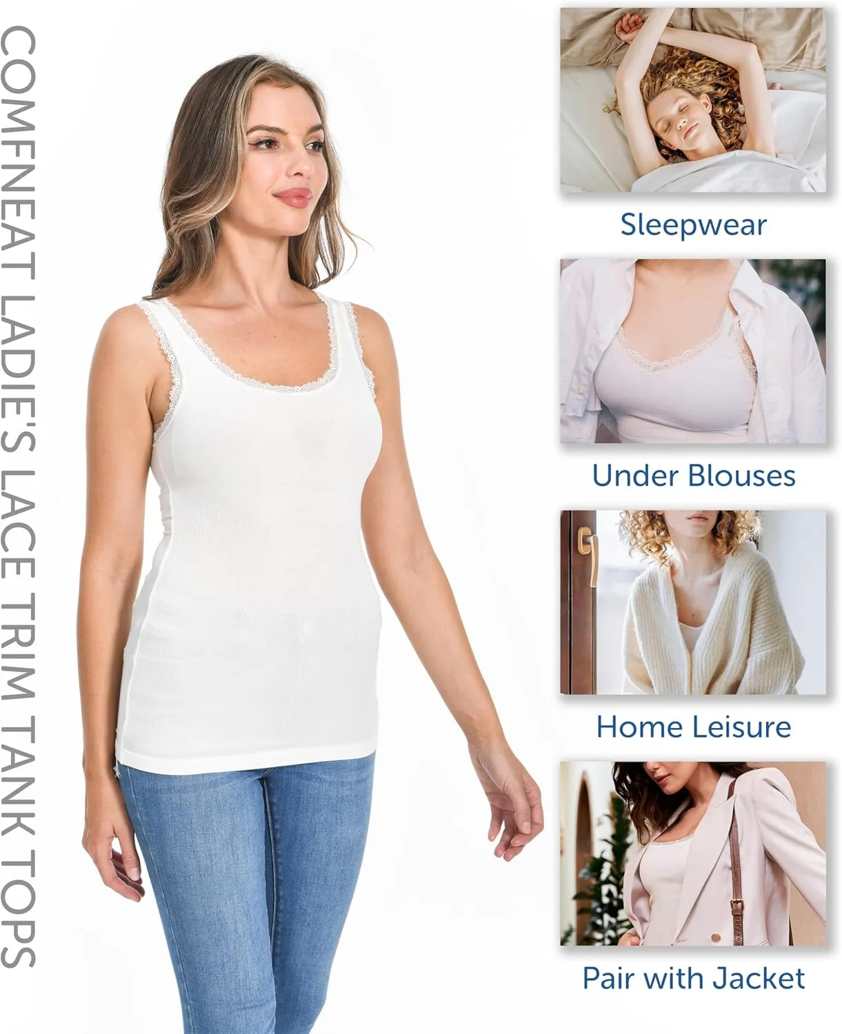 Comfneat Women's 3-Pack Sleepwear Lace Trim Tank Tops Stretchy Undershirts