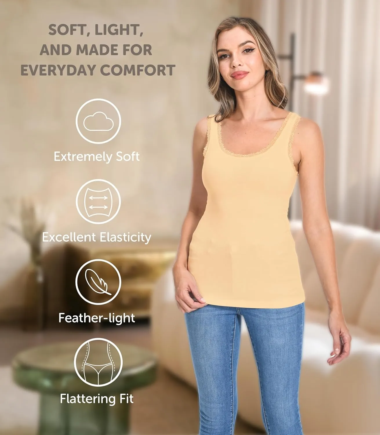 Comfneat Women's 3-Pack Sleepwear Lace Trim Tank Tops Stretchy Undershirts