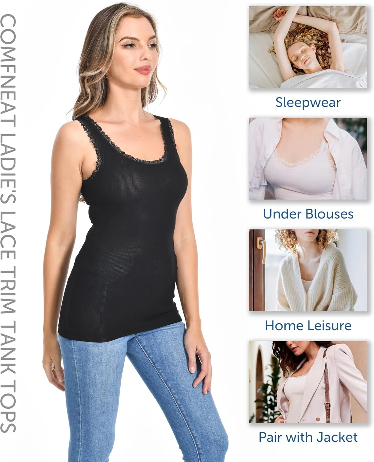 Comfneat Women's 3-Pack Sleepwear Lace Trim Tank Tops Stretchy Undershirts