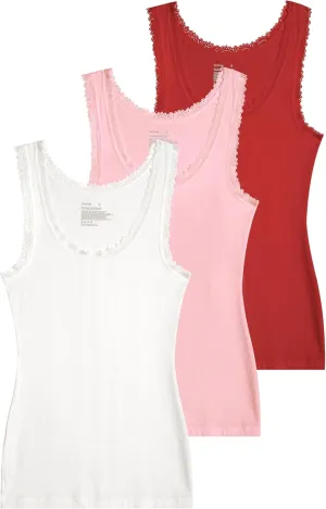 Comfneat Women's 3-Pack Sleepwear Lace Trim Tank Tops Stretchy Undershirts