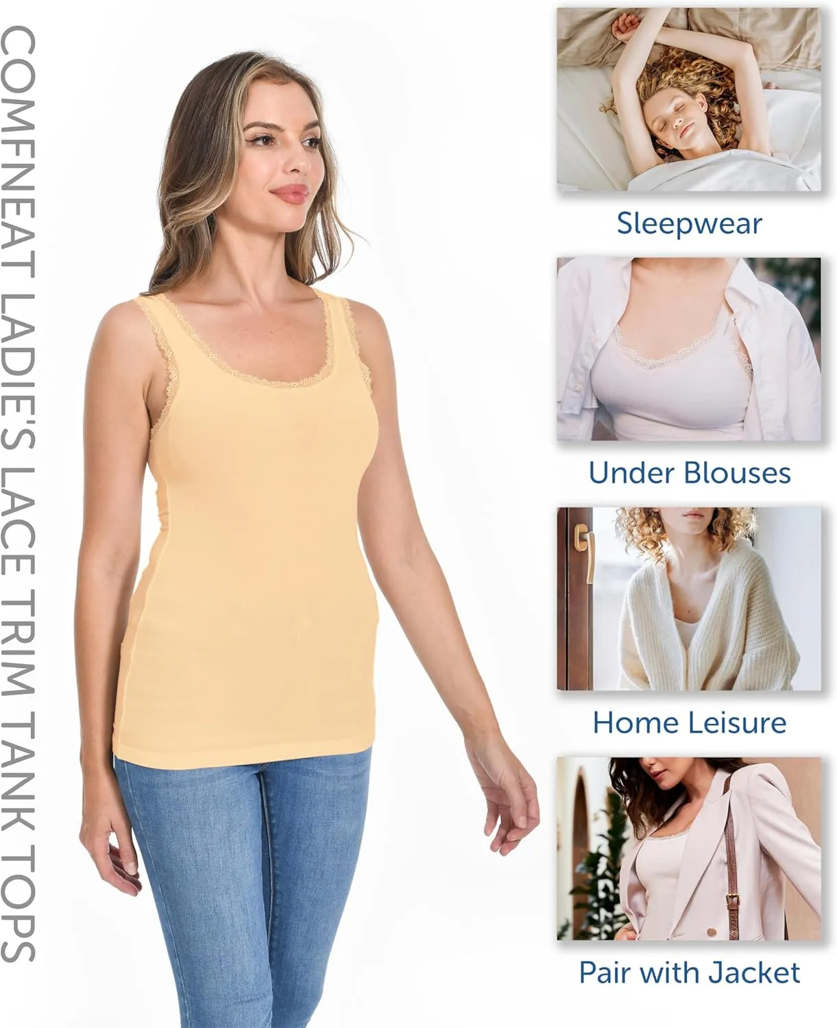 Comfneat Women's 3-Pack Sleepwear Lace Trim Tank Tops Stretchy Undershirts