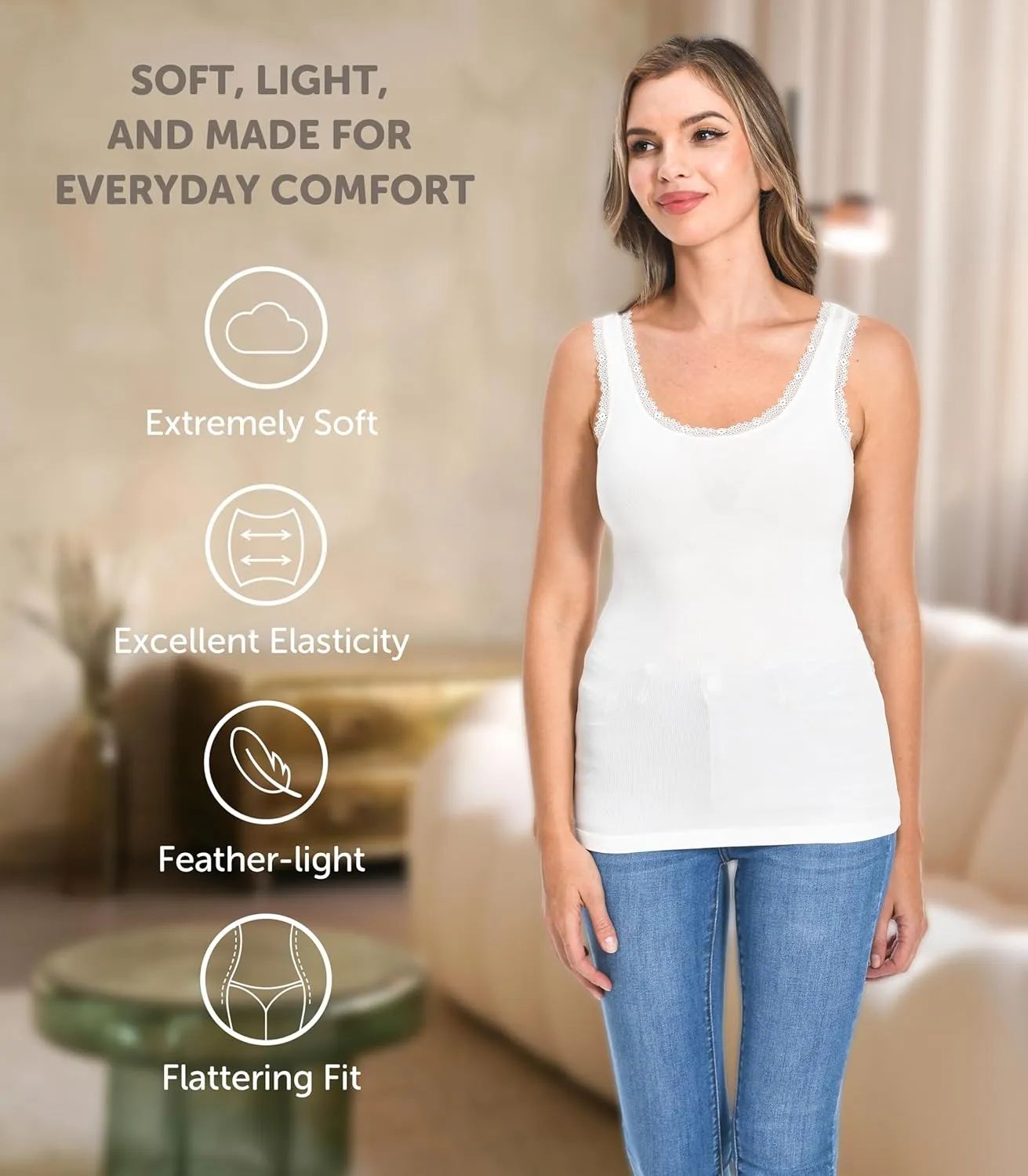 Comfneat Women's 3-Pack Sleepwear Lace Trim Tank Tops Stretchy Undershirts