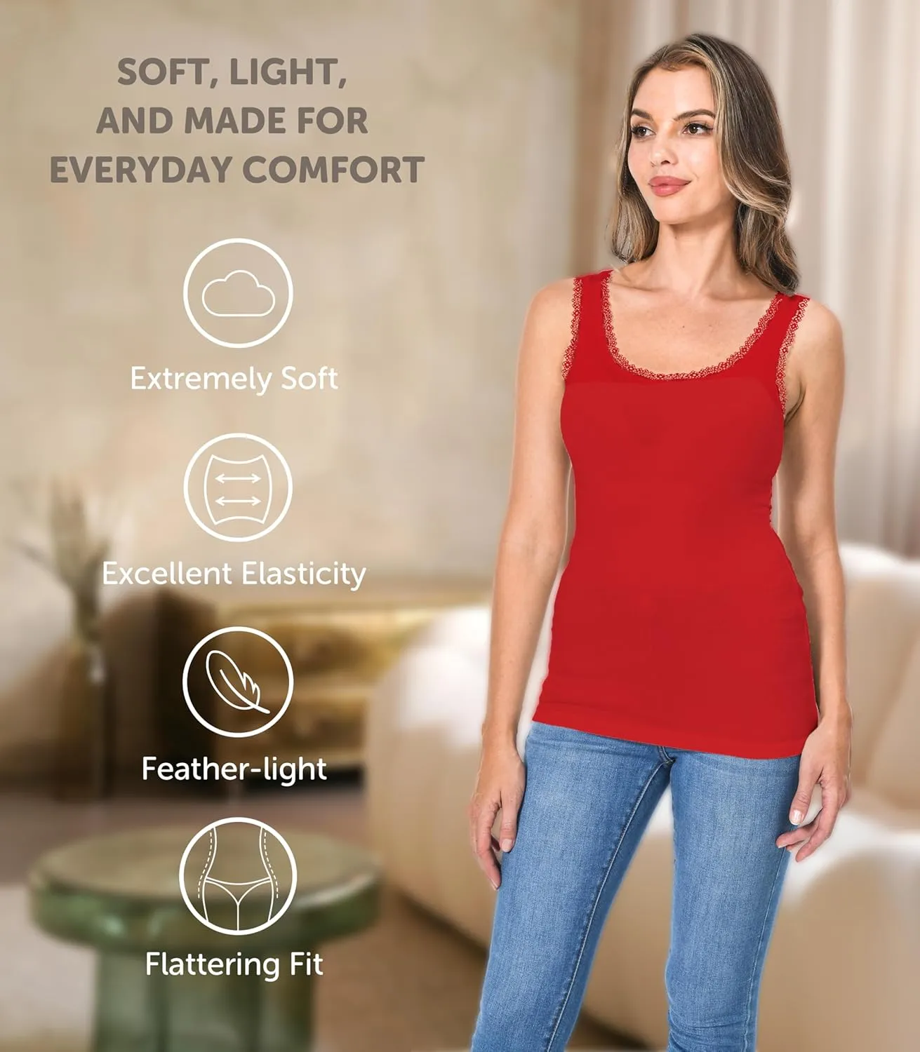 Comfneat Women's 3-Pack Sleepwear Lace Trim Tank Tops Stretchy Undershirts
