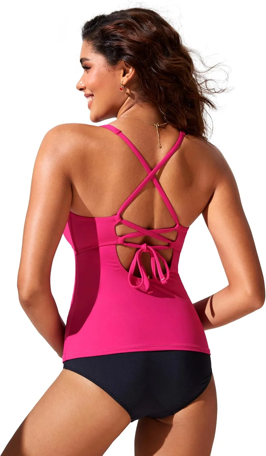 CRZ YOGA Tankini Tops for Women Crossover Adjustable Tie Back Bathing Suits Swimsuit Only No Bottom Padded