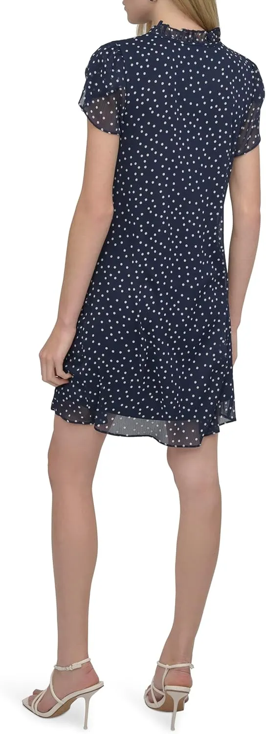 DKNY womens Front Tie Ruffle Neckline Trapeze Dress