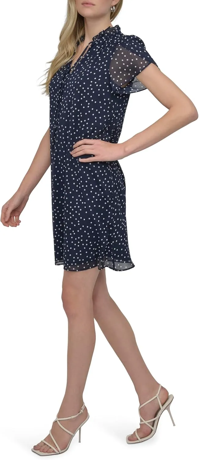 DKNY womens Front Tie Ruffle Neckline Trapeze Dress
