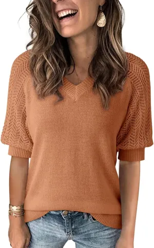 Dokotoo Women's Casual Short Sleeve Loose Crochet Tunic Tops Lightweight Knit Pullover Sweater Blouses