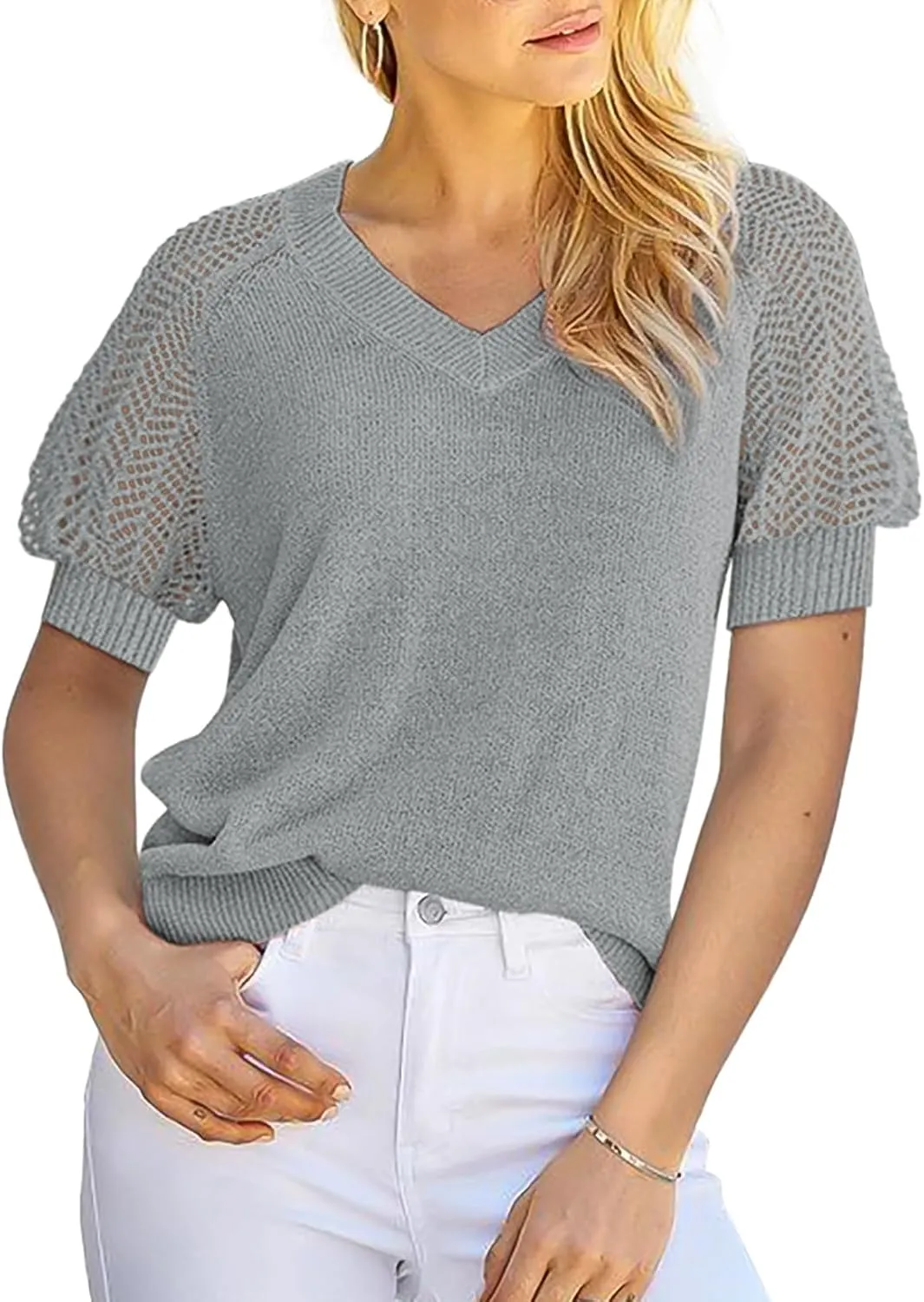 Dokotoo Women's Casual Short Sleeve Loose Crochet Tunic Tops Lightweight Knit Pullover Sweater Blouses