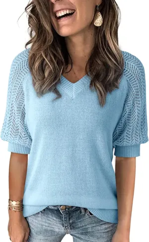 Dokotoo Women's Casual Short Sleeve Loose Crochet Tunic Tops Lightweight Knit Pullover Sweater Blouses