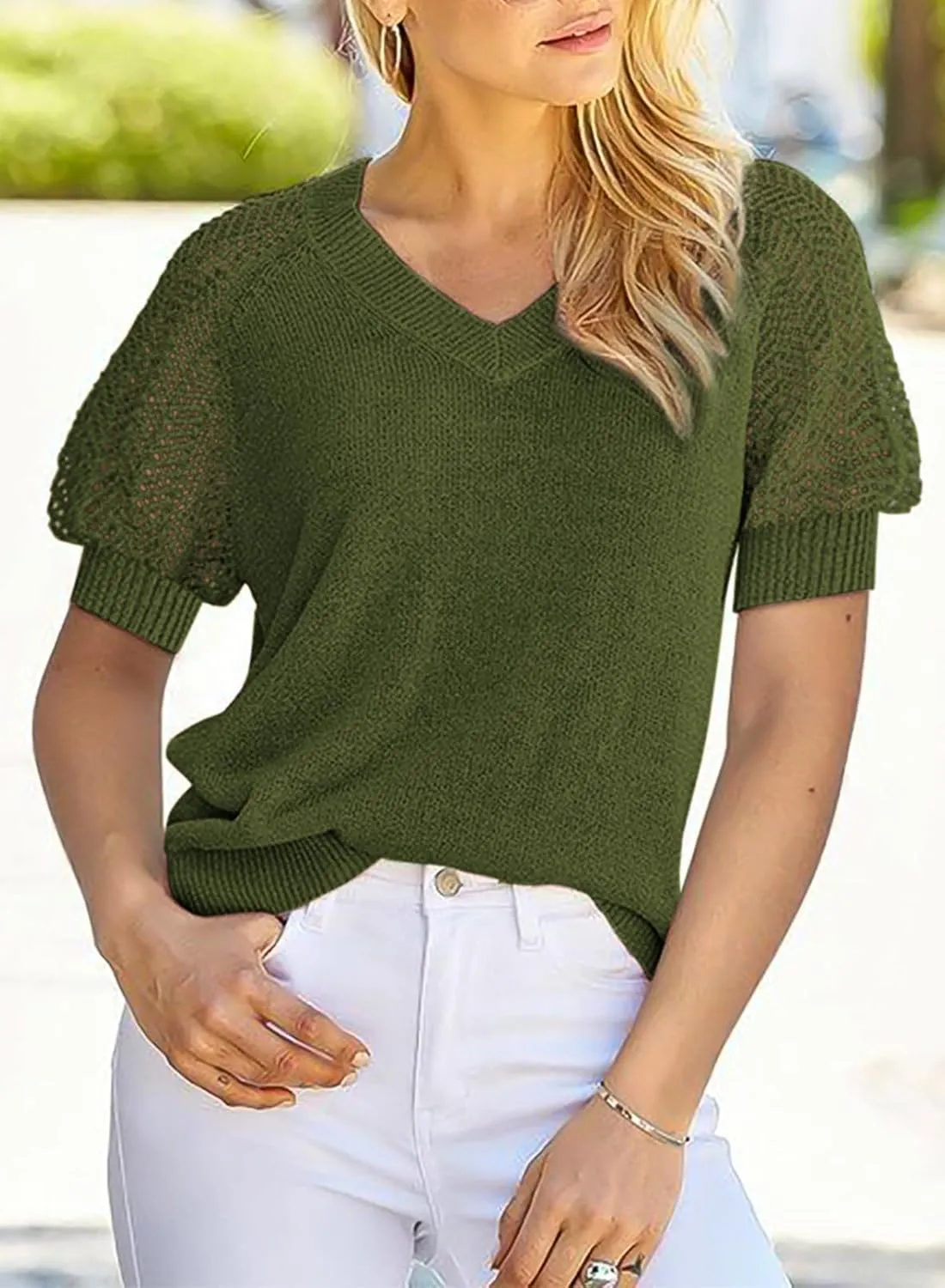 Dokotoo Women's Casual Short Sleeve Loose Crochet Tunic Tops Lightweight Knit Pullover Sweater Blouses