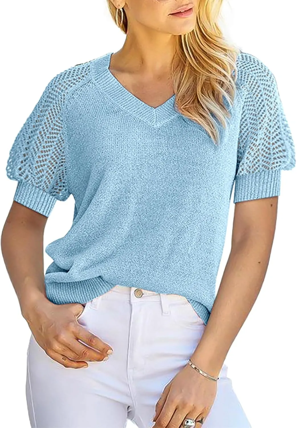 Dokotoo Women's Casual Short Sleeve Loose Crochet Tunic Tops Lightweight Knit Pullover Sweater Blouses