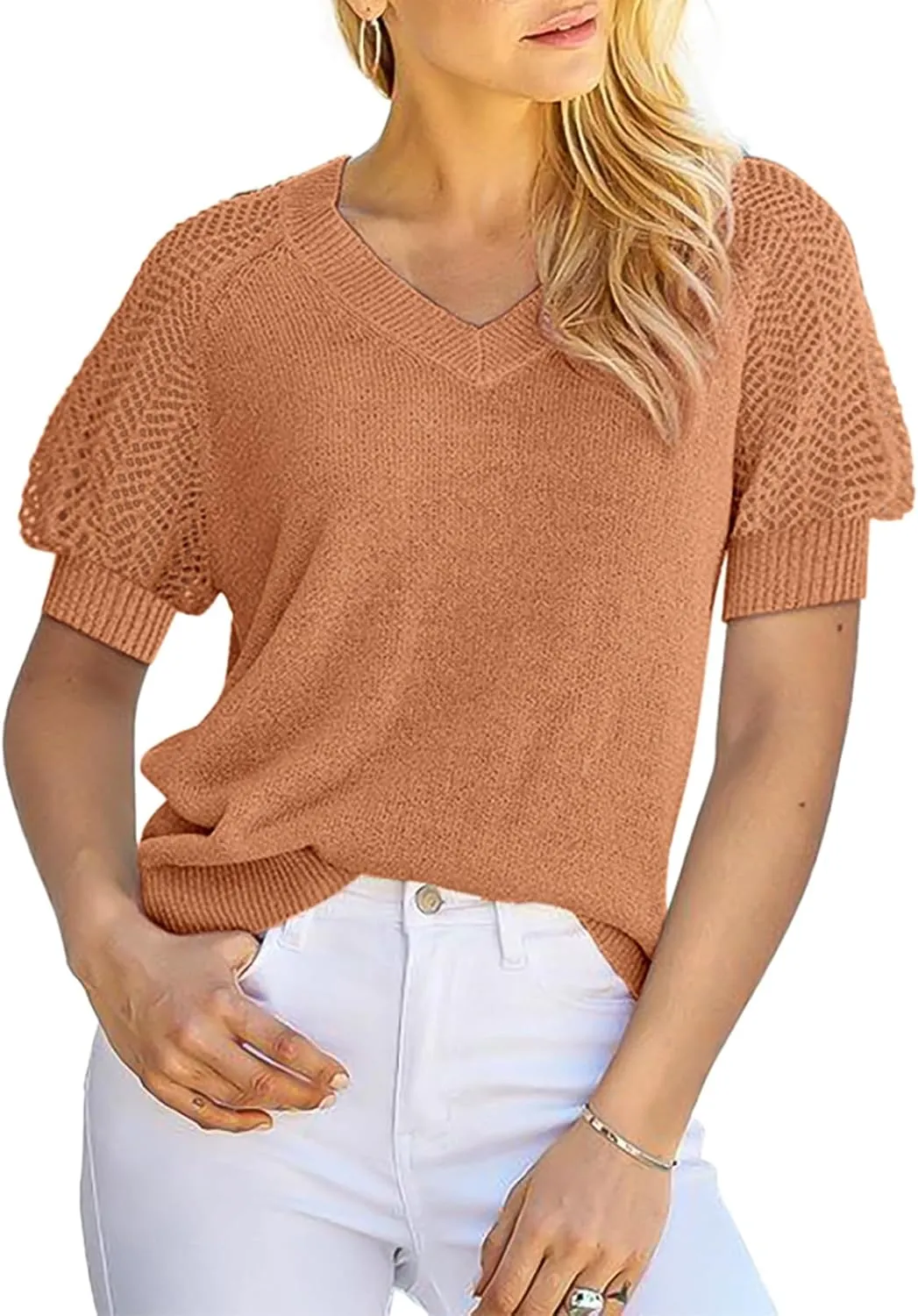 Dokotoo Women's Casual Short Sleeve Loose Crochet Tunic Tops Lightweight Knit Pullover Sweater Blouses